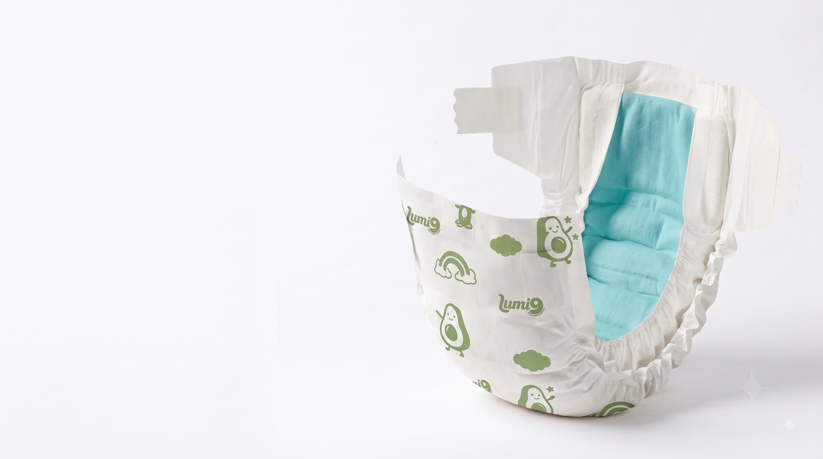 An open Lumi9 diaper pant on a plain white background, showing its soft cotton-like top sheet, absorbent core and breathable outer layers