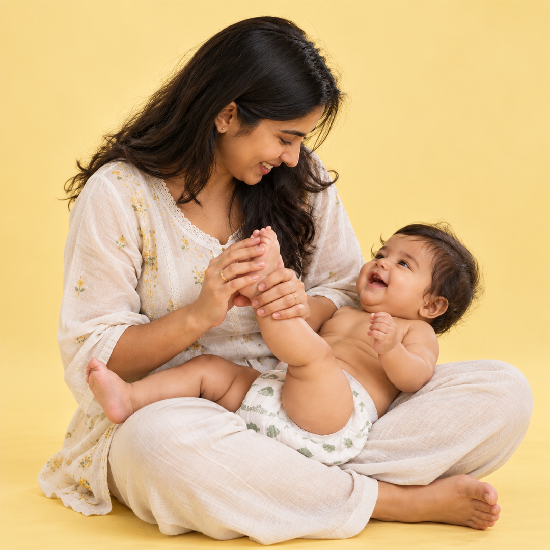 Mother playing with her laughing baby's feet, baby wearing a Lumi9 diaper