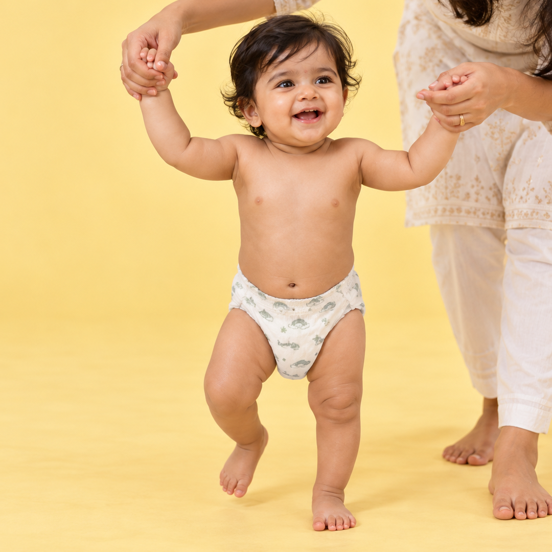 Baby taking first steps holding a parent's hand, wearing a Lumi9 diaper