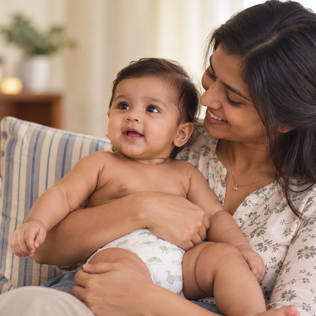 Mother holding her smiling baby, baby wearing a Lumi9 diaper