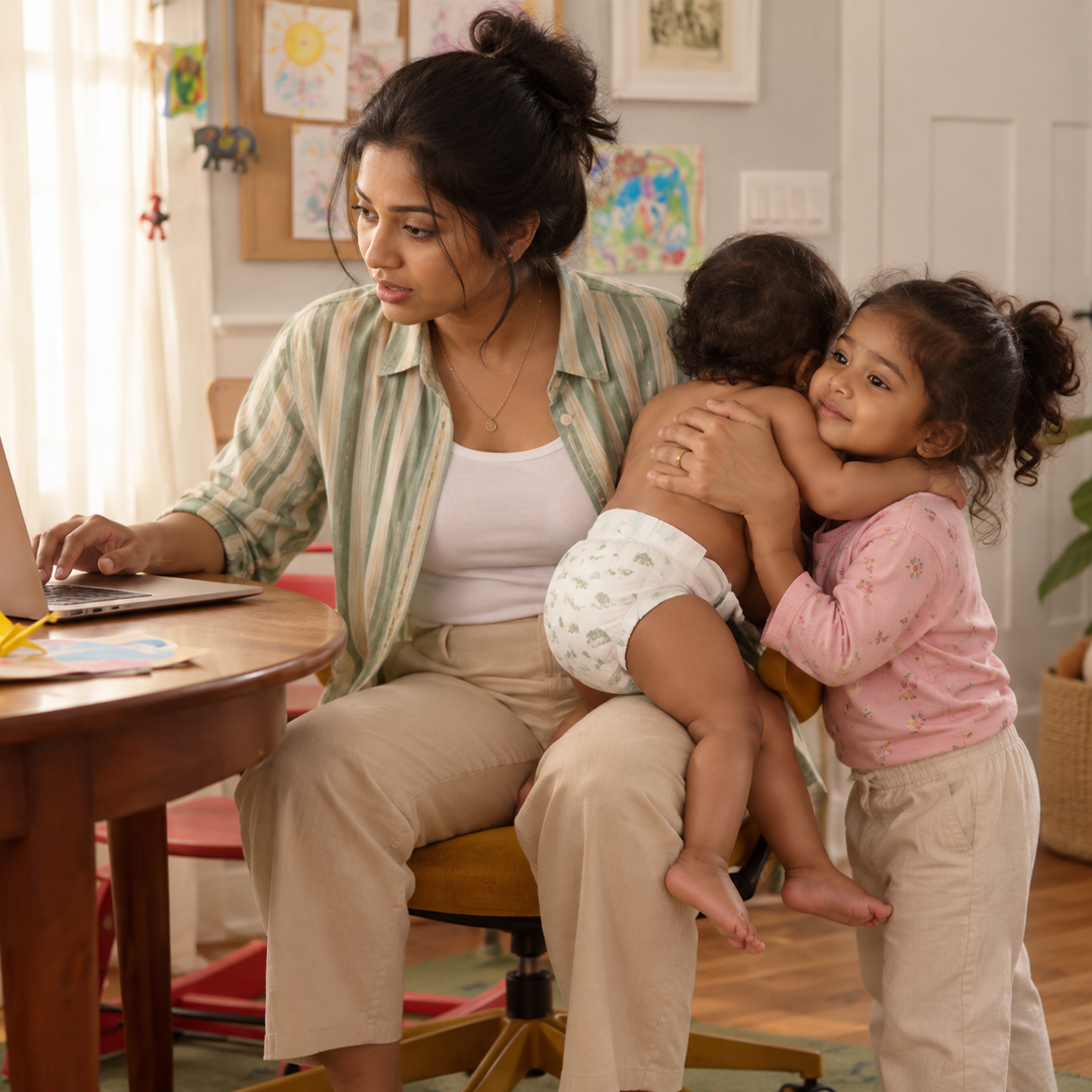 Mother working at a laptop while a toddler hugs the baby beside her